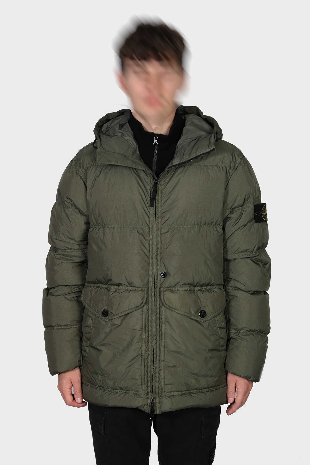 STONE ISLAND Garment Dyed Crinkle Reps Hooded Down Jacket in Olive
