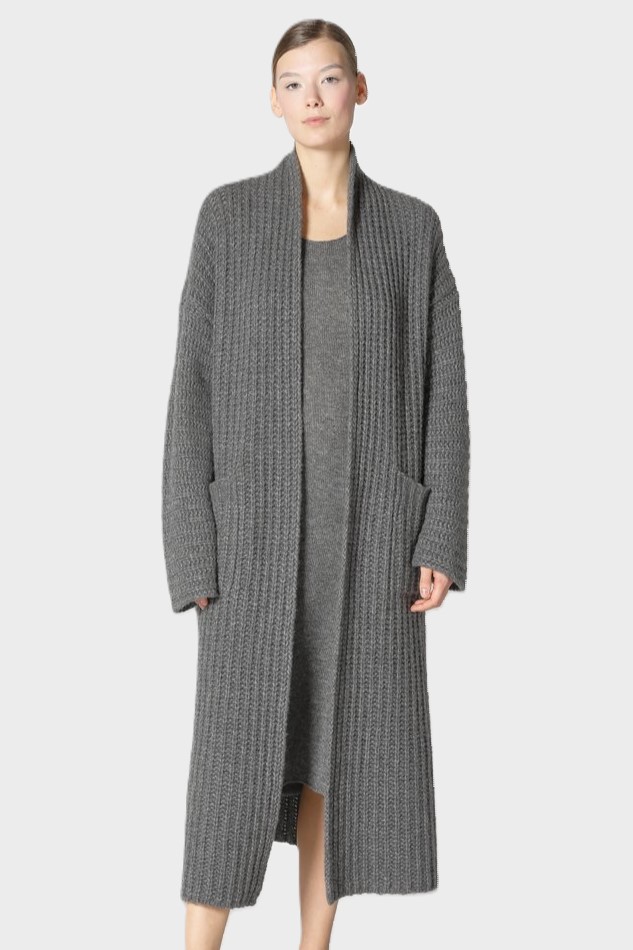 SMINFINITY Fluffy Ribbed Maxi Coat in Grey Melange