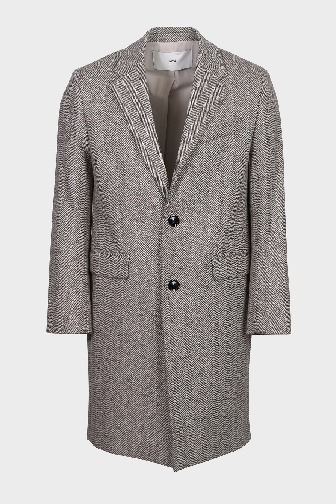 AMI PARIS Herringbone Wool Coat in Dark Coffee/Off White