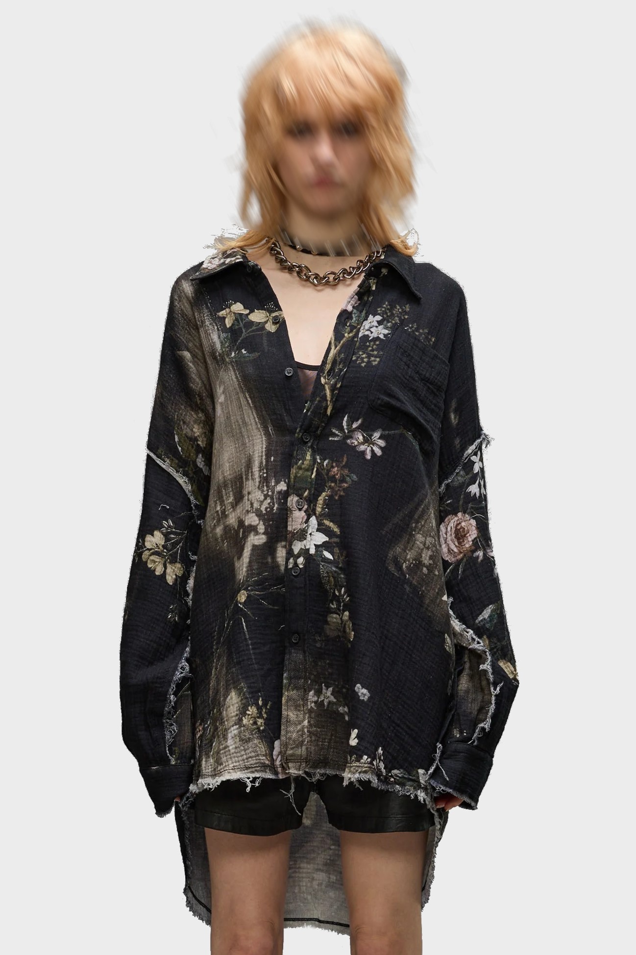 R13 Shredded Seam Drop Neck Shirt in Black Bleached Floral