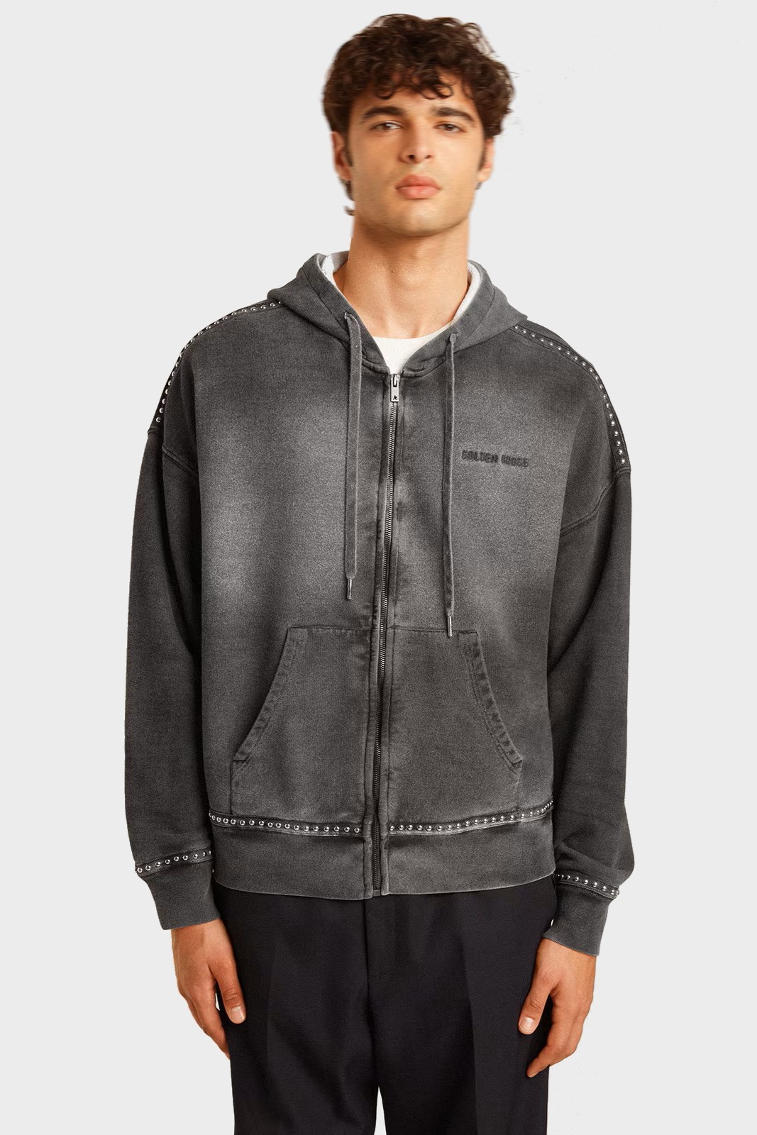 GOLDEN GOOSE Michael Zip Hoodie with Studs in Dark Grey