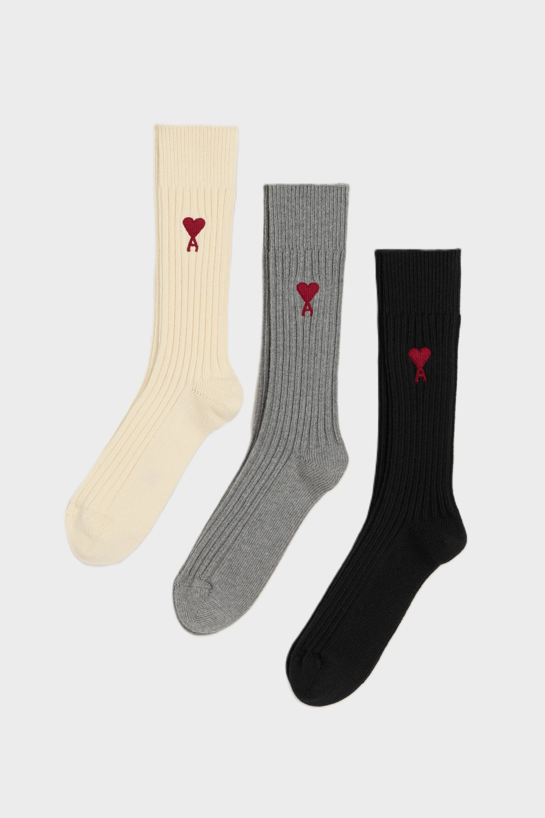 AMI PARIS de Coeur 3 Pack Socks in Off White/Grey/Black