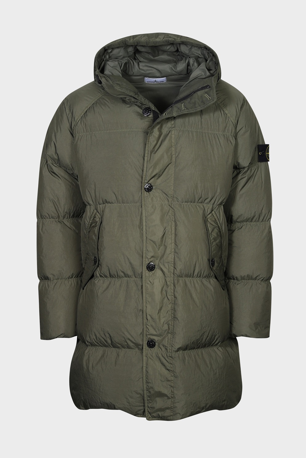 STONE ISLAND Garment Dyed Crinkle Reps Hooded Down Coat in Olive