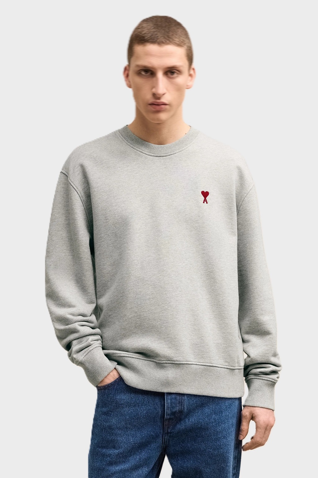 AMI PARIS de Coeur Molleton Sweatshirt in Heather Ash Grey/Red