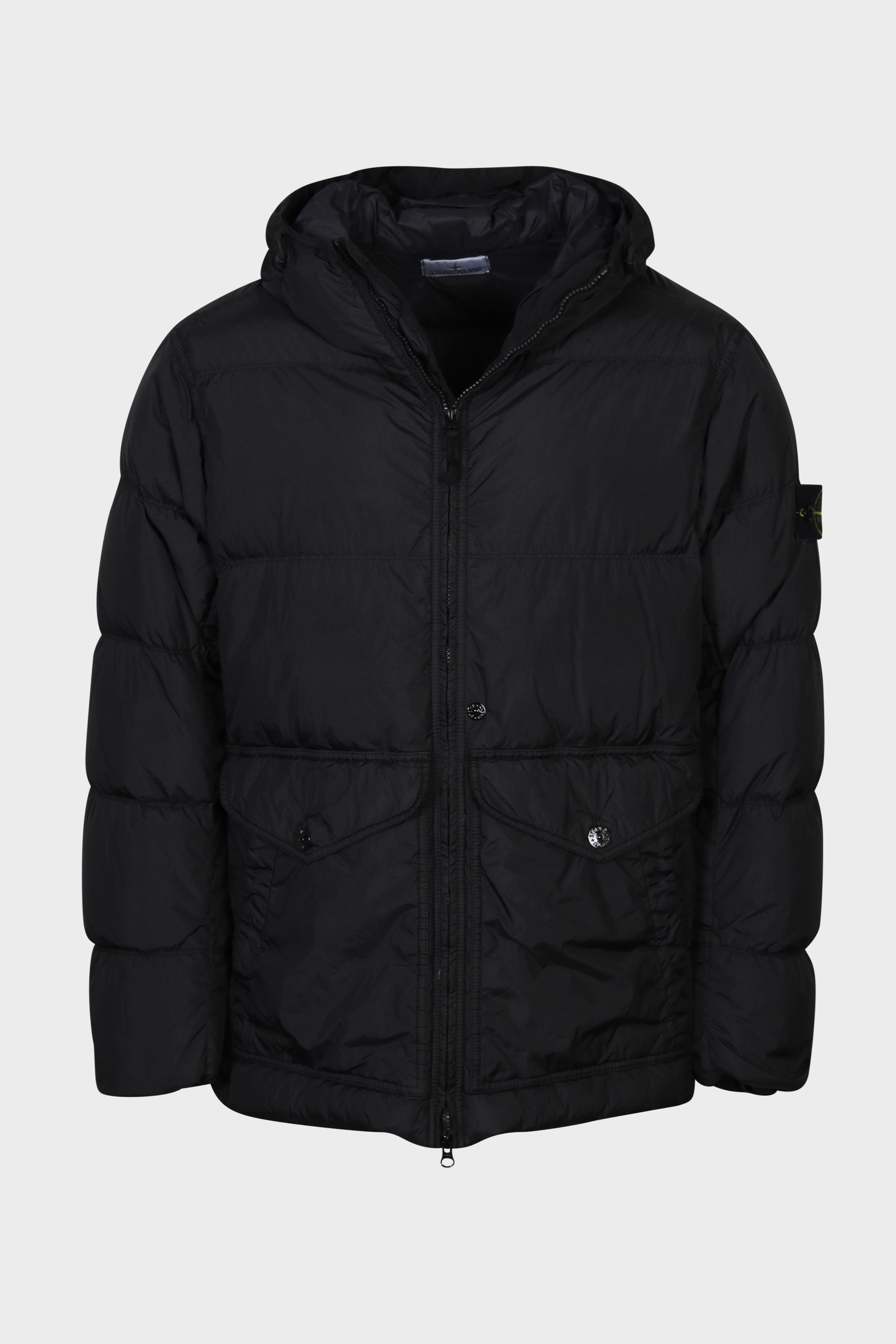 STONE ISLAND Garment Dyed Crinkle Reps Hooded Down Jacket in Black