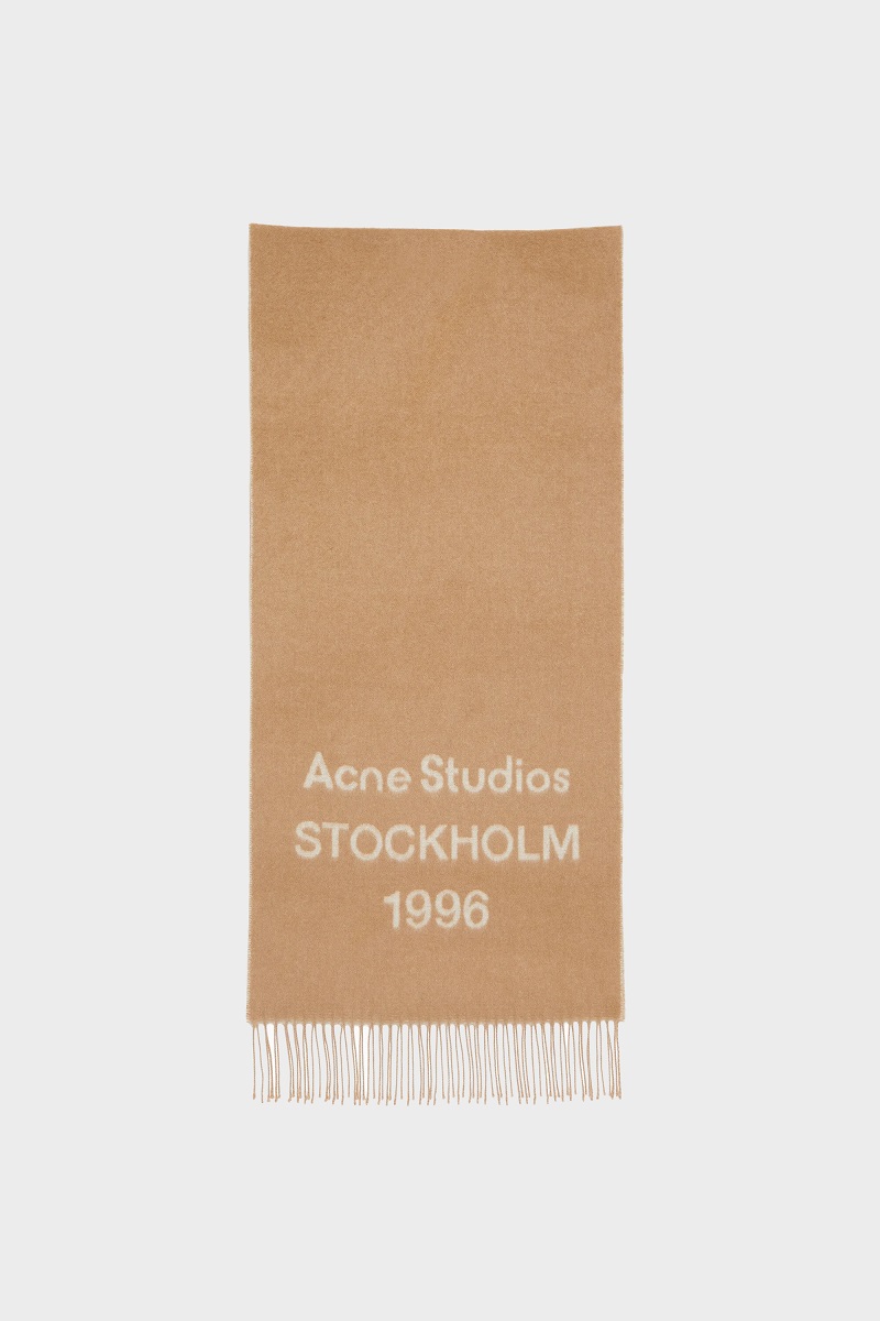 ACNE STUDIOS Logo Jacquard Pattern Scarf in Camel/Ecru