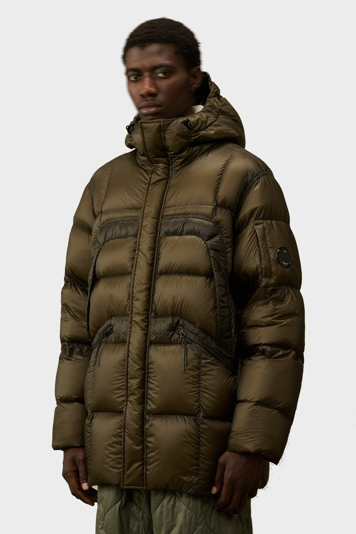 C.P. COMPANY D.D. Shell Hodded Long Down Jacket in Vintage Khaki