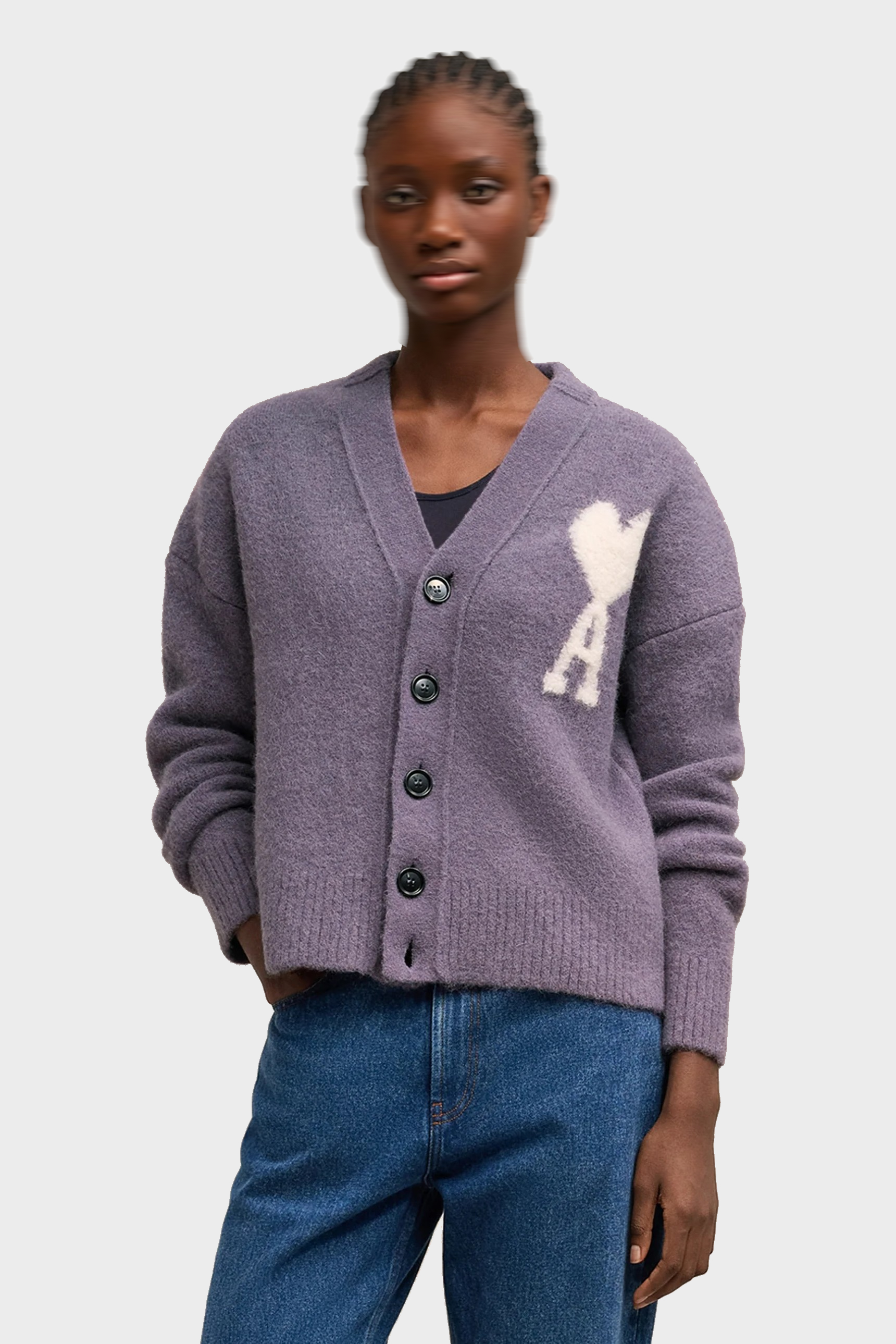 AMI PARIS de Coeur Heavy Knit Cardigan in Lilac