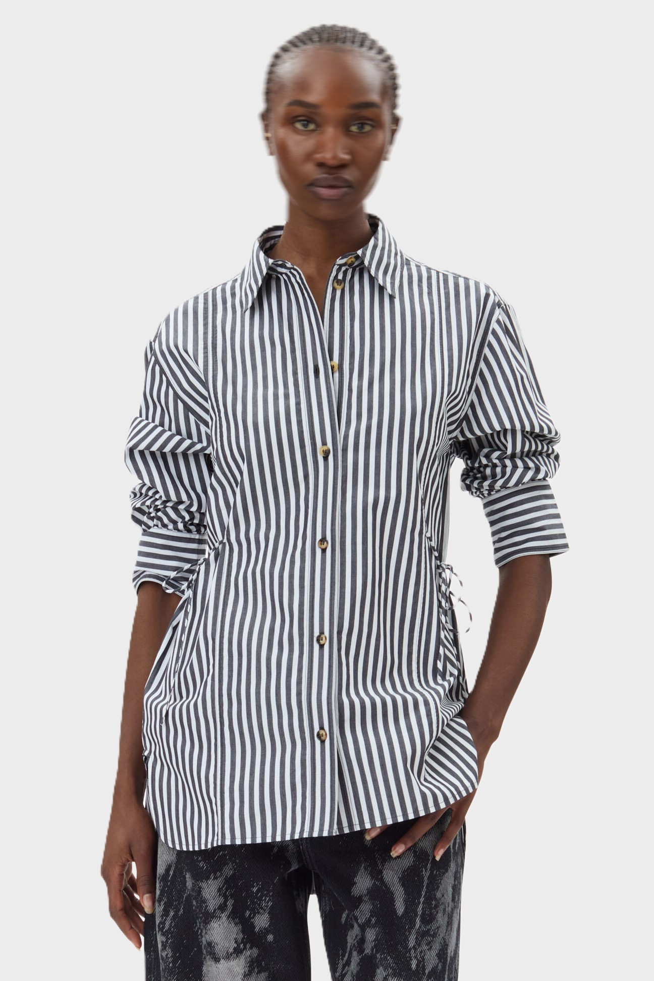 GANNI Stripe Oversize Cotton Shirt in Black/White