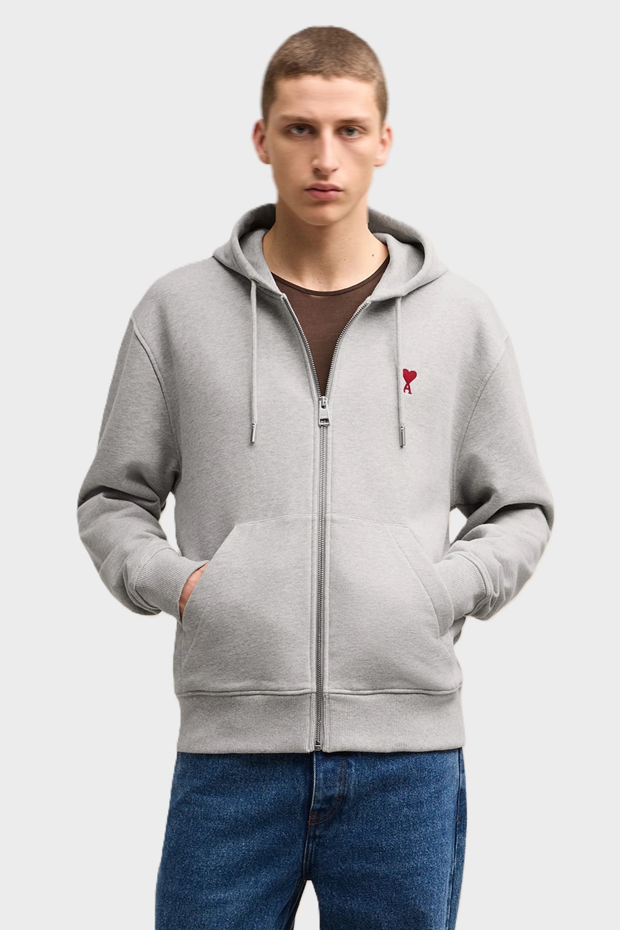 AMI PARIS de Coeur Molleton Zip Hoodie in Heather Ash Grey