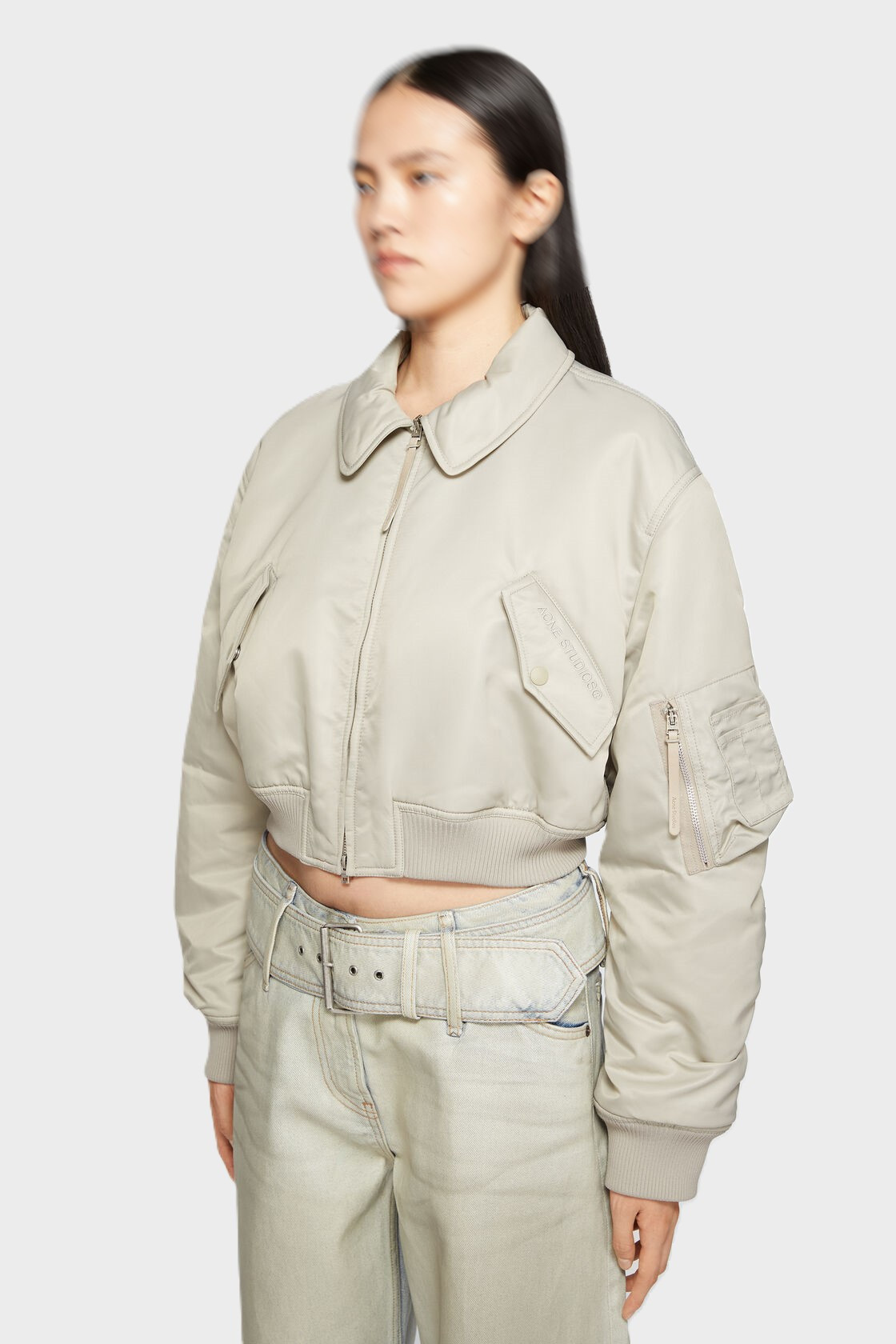 ACNE STUDIOS Cropped Bomber Jacket in Frog Grey