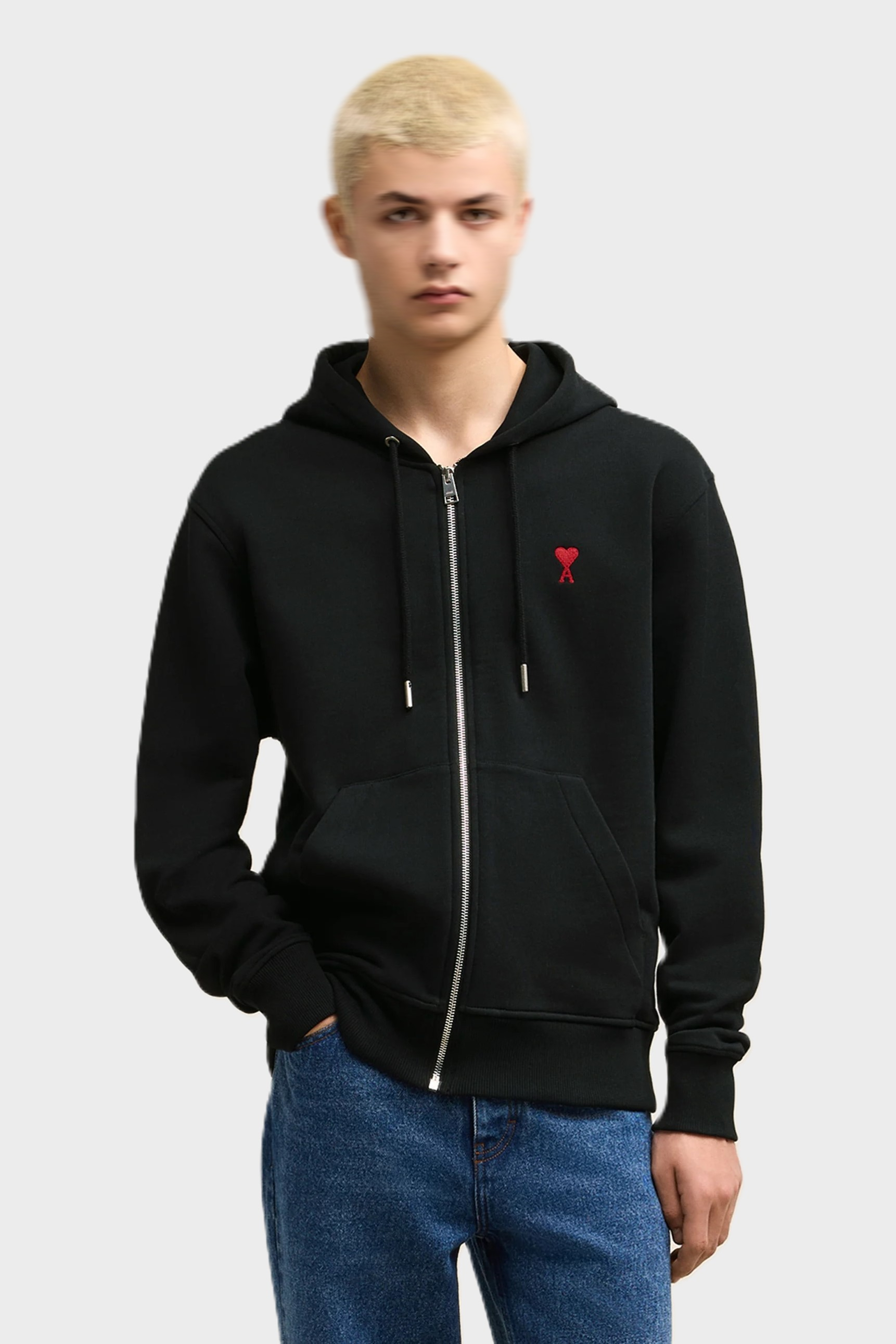 AMI PARIS de Coeur Molleton Zip Hoodie in Black/Red