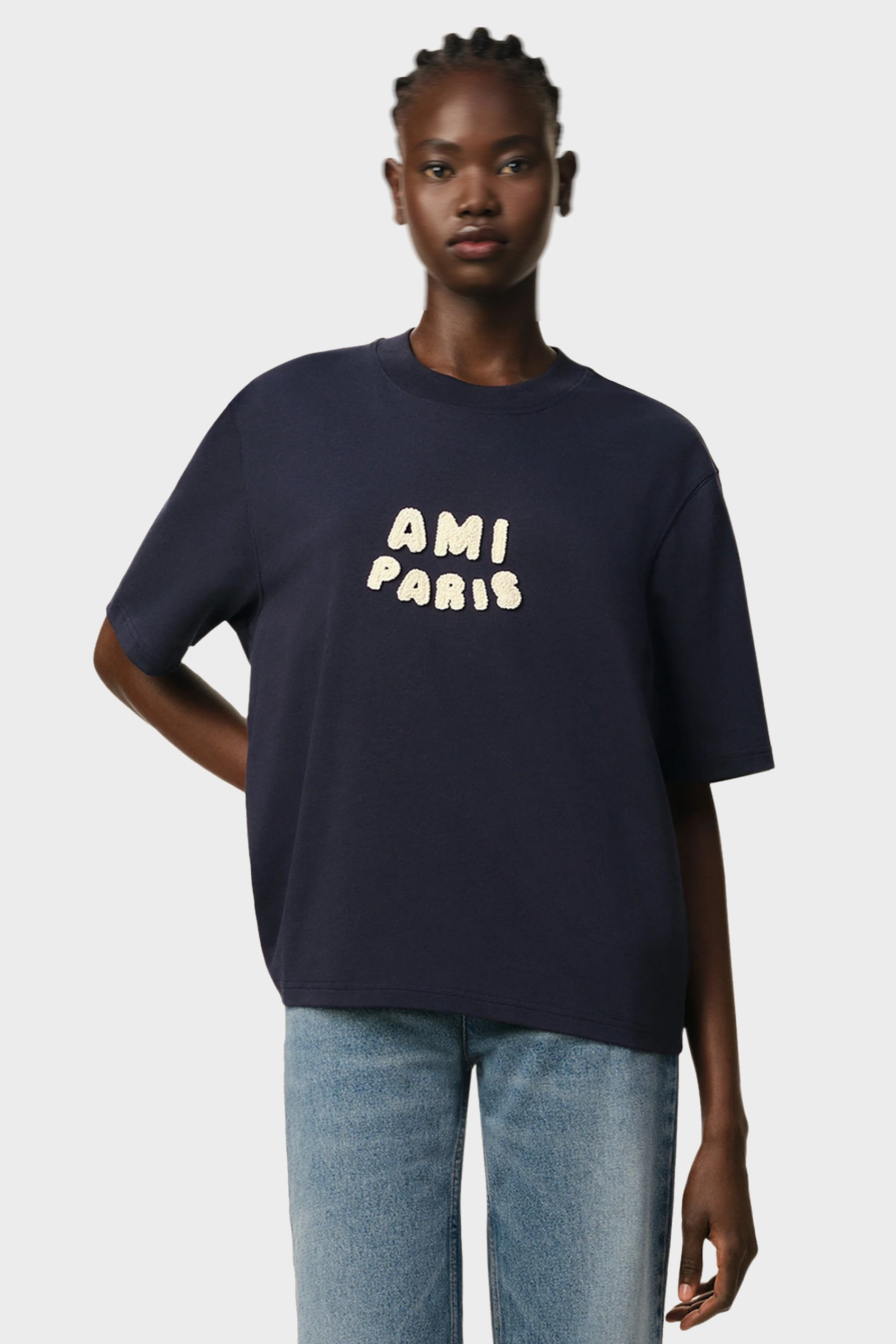 AMI PARIS de Coeur Boxy Fit Knitted Logo T-Shirt in Navy Blue