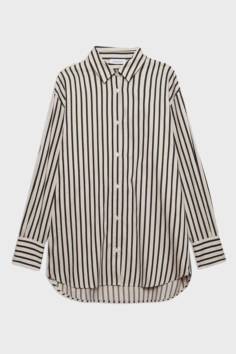 ANINE BING Plaza Shirt in Blach & Tan Stripes